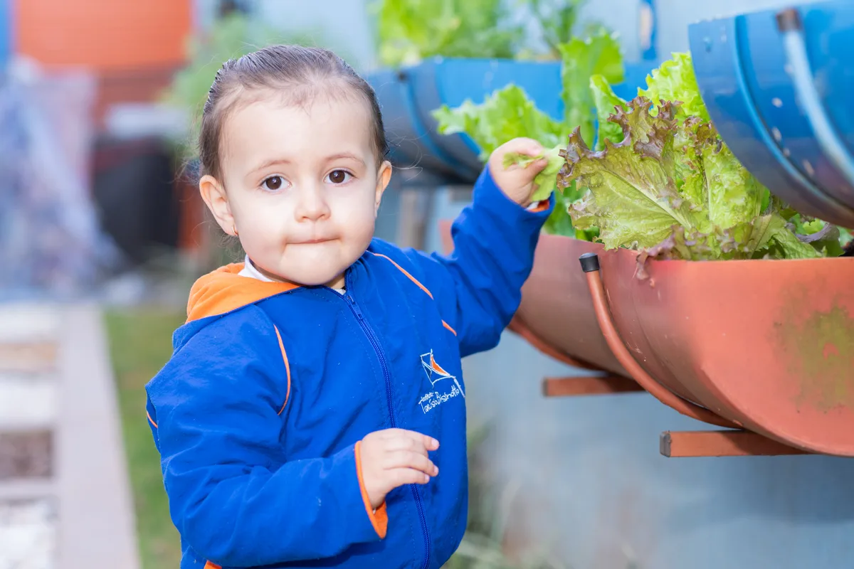 Bebê do ITB sorrindo em atividade na horta no Belvedere, Belo Horizonte