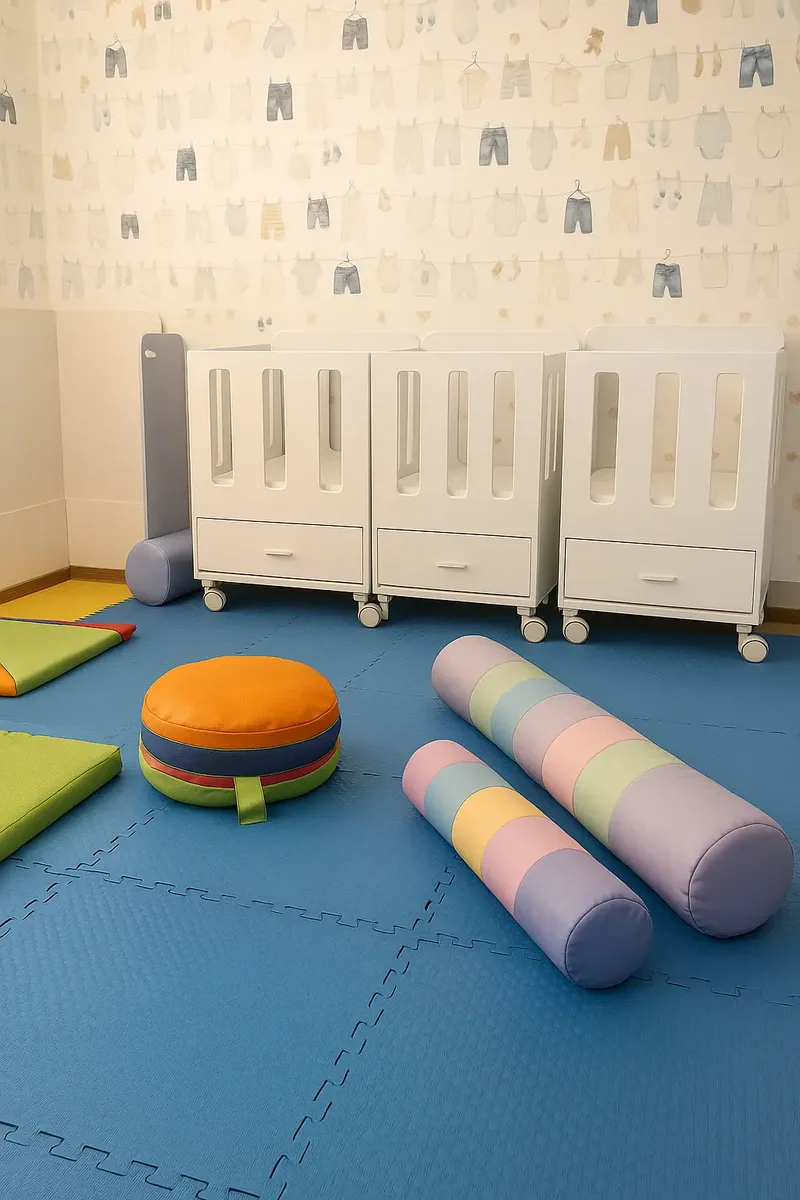 Sala ampla do berçário ITB com bebês e mães